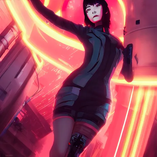 Image similar to anime cyberpunk movie still the godfather, beautiful full body female android cyborg - angel, glowing red left eye and glowing blue right eye, cinematic lighting, advanced digital cyberpunk art, wlop, rossdraws sakimimichan, ilya kuvshinov, krenz cushart, greg rutkowski - c 1 2