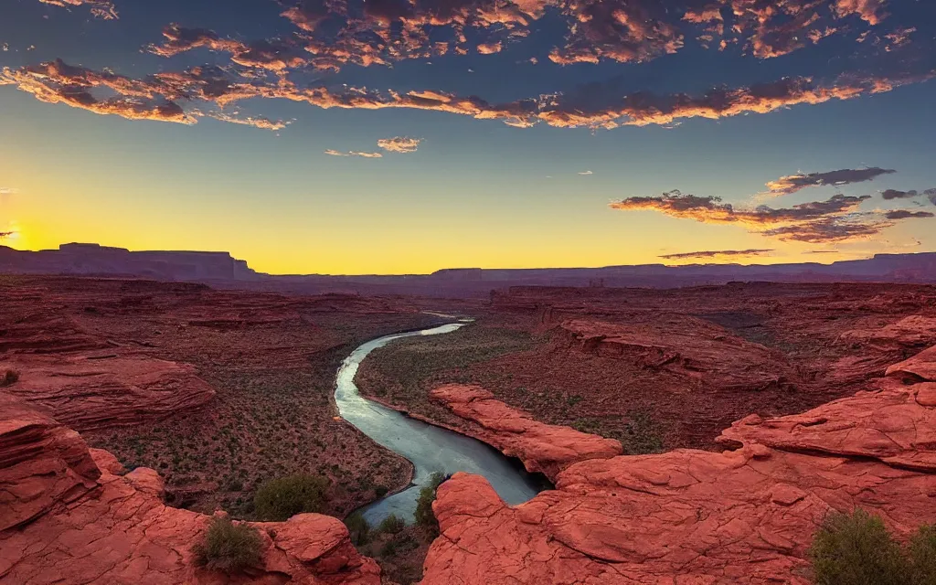 Image similar to “a river bend running through a canyon surrounded by desert mountains at sunset, moab, utah, a tilt shift photo by Frederic Church, trending on unsplash, hudson river school, photo taken with provia, national geographic photo”