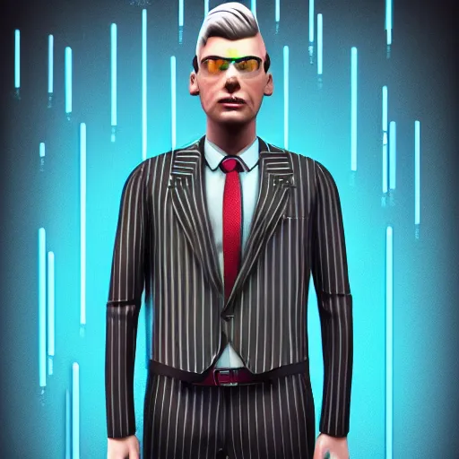 Prompt: cartoon portrait made out of rain, pinstripe suit, short blond hair, galactic background, rendered in octane, unreal engine, highly detailed, trending on artstation, realistic, splashes of neon, beautiful