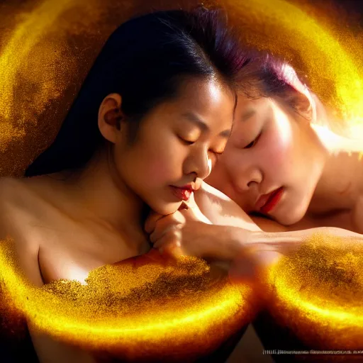 Image similar to two asian girls sleeping, liquid golden and black fluid, magic hour, dramatic light, liquid painting, golden bodypaint, yellow and blue lightning, world best photography, indian patterns, bokeh, golden jewelry filigree, body detaily, ornaments, fresco by michaelangelo, golden rays, god rays, epic cinematic wallpaper, cold color palette, cold colors, sad mood