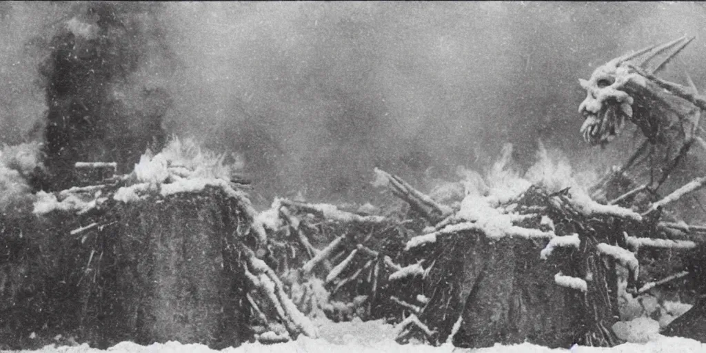 Prompt: 1 9 2 0 s photography of krampus hay monster burning on a pyre, submerged in snow