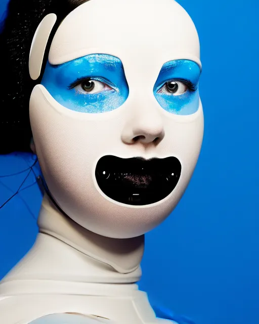 Prompt: symmetrical close - up portrait of a woman wearing a neon blue silicone beauty mask and hair rolls, wearing a black bodysuit by alexander mcqueen, cream white background, biotechnology, humanoide robot, bjork aesthetic, translucent, by rineke dijkstra, masterpiece,
