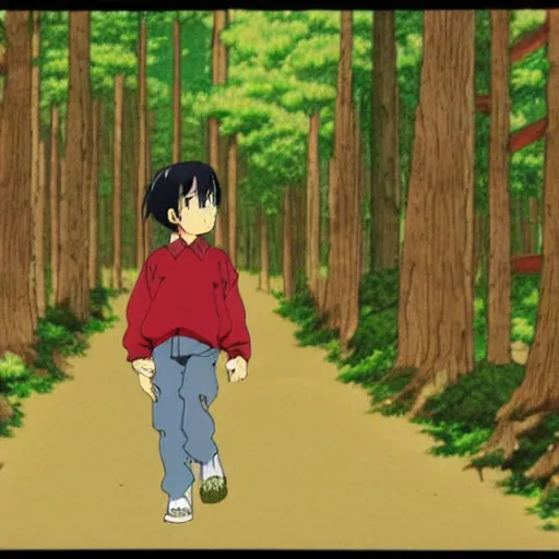 Image similar to a still of a 90s OVA anime of a man with black hair wearing a red shirt in a forest