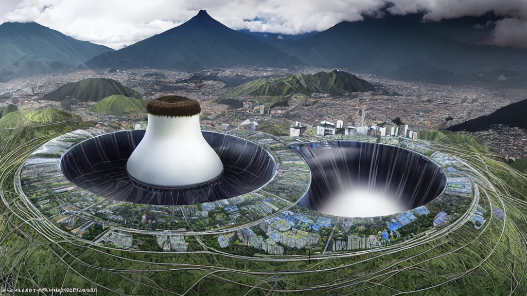 Image similar to Epic Giant Nuclear power Shines gracefully over the techno, city, nature hybrid mountain valley of Quito, Ecuador; by Oswaldo Moncayo and Vincent Callebaut; Art Direction by James Cameron;