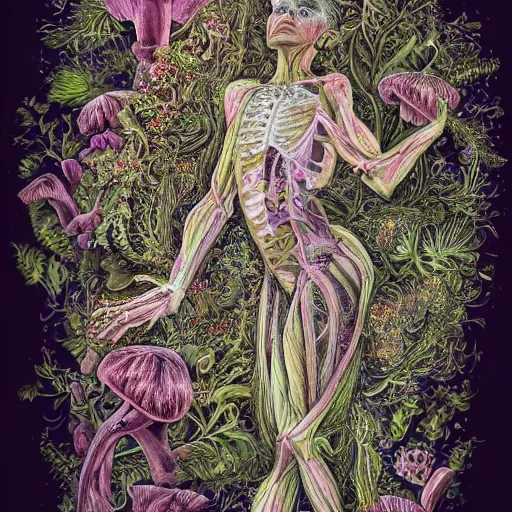 Image similar to a beautiful detailed photo of a full body rotten woman corpse morphing into fractal plants and fractal flowers and mushrooms, muscles, veins, anatomical, intricate, ornate, volumetric light, beautiful lit, midsommar