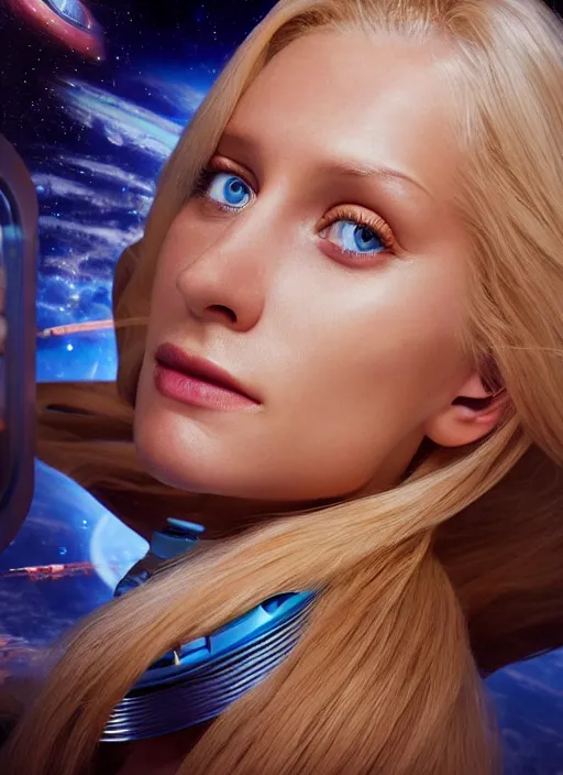 Image similar to closeup portrait of a blonde alien plejaren woman inside a spaceship wearing a space uniform, depth of field, zeiss lens, detailed, symmetrical, centered, fashion photoshoot, by annie leibovitz and steve mccurry, david lazar, jimmy nelsson, breathtaking, 8 k resolution, extremely detailed, beautiful, establishing shot, artistic, hyperrealistic, beautiful face, octane render