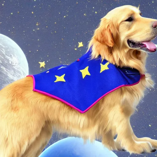 Image similar to a golden retriever in space wearing cape, 4k