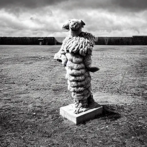 Image similar to Statue of a creepy sheep as an angel, photorealistic, film still, desolate