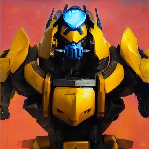 Image similar to greg manchess portrait painting of bumblebee the transformer as overwatch character, medium shot, asymmetrical, profile picture, organic painting, sunny day, matte painting, bold shapes, hard edges, street art, trending on artstation, by huang guangjian, gil elvgren, ruan jia, greg rutkowski, gaston bussiere