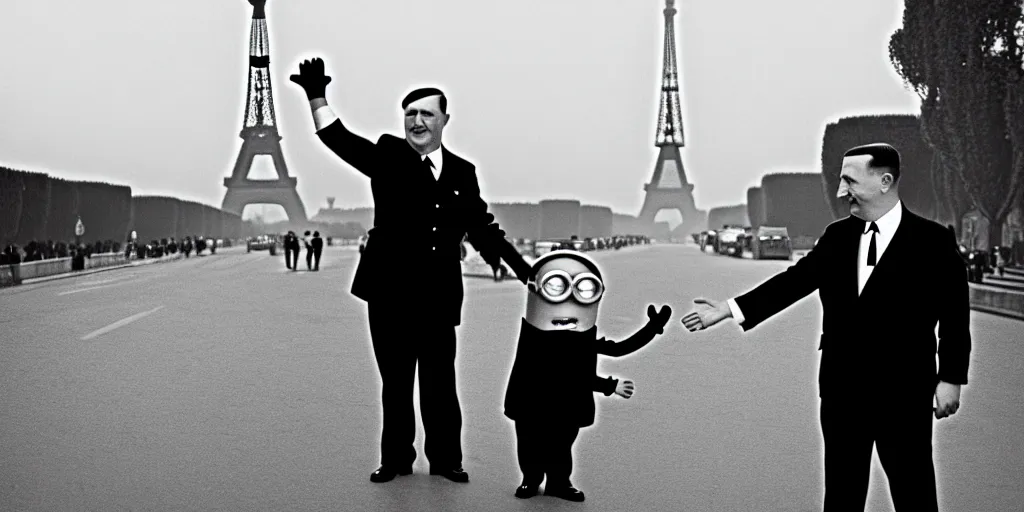 Image similar to minion shaking adolf hitlers hand in front of the eiffel tower, black and white, hyper realistic, award winning photo