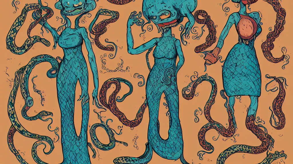 Image similar to aged paper, colorful character sheet for a stocky alien extraterrestrial female servant maid with thick snake - like tentacles instead of hair, long dress with apron, woodstock, psychedelic, 7 0 s, coherent, illustration, digital art, trending on artstation, hd, 8 k, good lighting, beautiful, rough paper, masterpiece