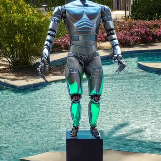 Image similar to a realistic detailed photo of a guy who is an attractive humanoid who is half robot and half humanoid, who is a male android, wrestler bo nickal, shiny skin, posing like a statue, blank stare, by the pool, on display, showing off his muscles, humanoid robot, frozen ice statue