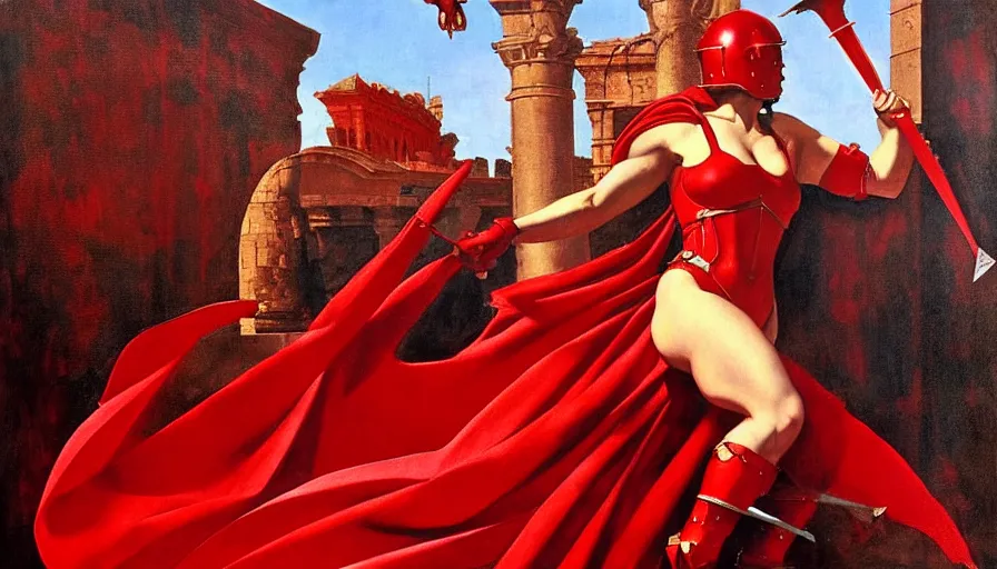 Prompt: only with red, an armored female gladiator in a crowded roman amphitheatre, crowd cheering, in the style of rolf armstrong and ambrosius benson and edward hopper and and rodcenko, intricate and epic composition, red by caravaggio, highly detailed, masterpiece, red light, artstation