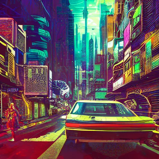 Image similar to ziggy stardust from Mars anamorphic illusion 4k, in the style of Dan Mumford, with a crowded futuristic cyberpunk city in the background, astrophotgraphy