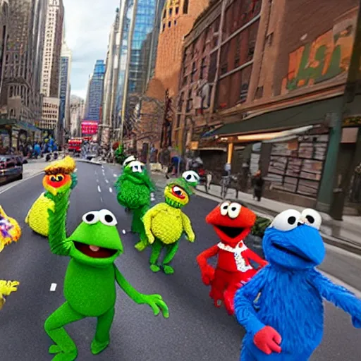 Image similar to wide angle shot of traffic on sesame street with muppets colorful cel shading, cookie monster, elmo, oscar the grouch