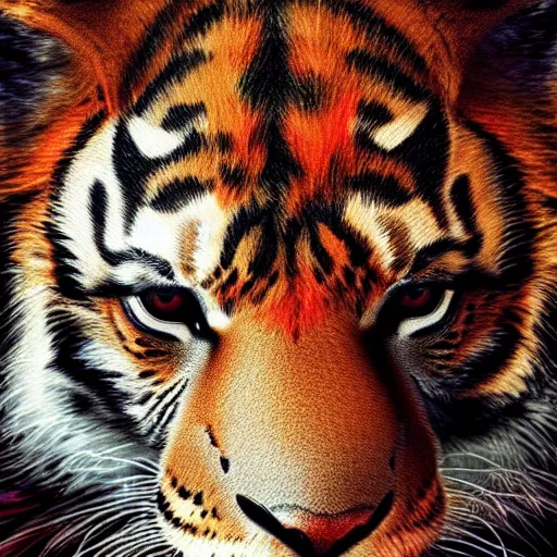 Image similar to mix of lion and tiger and puma and jaguar attacking, 8 k ultra realistic animal, detailed intricate fur, flame in the fur, full of colour, cinematic lighting, battered, trending on artstation, 4 k, hyperrealistic, focused, extreme details, unreal engine 5, cinematic, masterpiece, art by ayami kojima