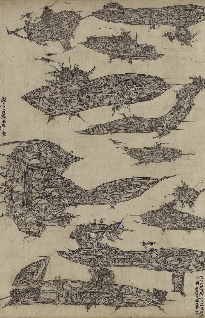 Prompt: the tang dynasty spaceship designed by leonard de vinci, parchment