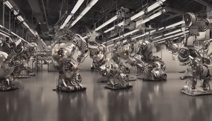 Image similar to award winning photo of robots in an art factory, dramatic lighting, 4 k