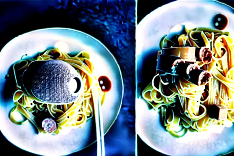 Image similar to carbonara noodles, space, food, robot eating pasta