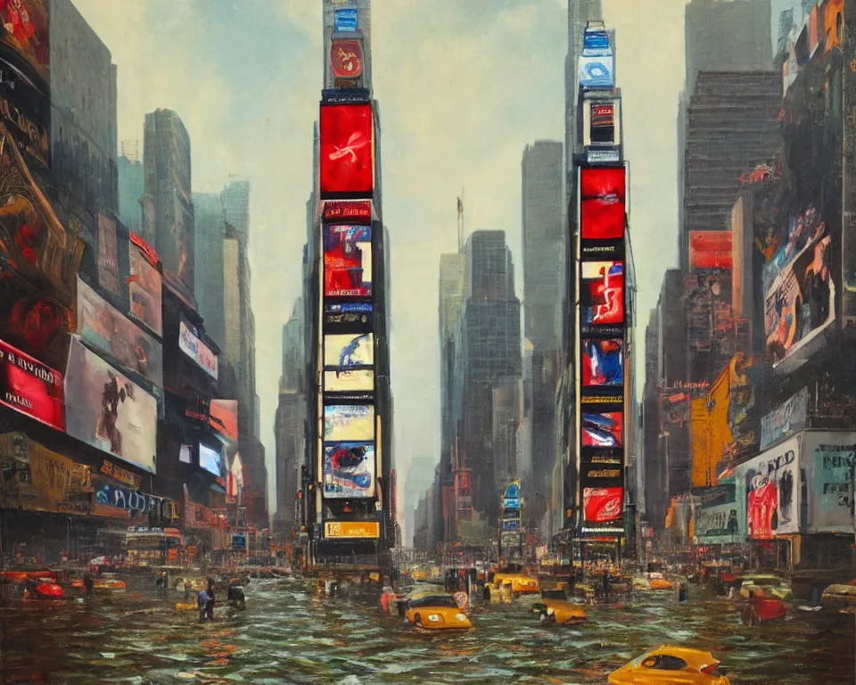 Prompt: an achingly beautiful oil painting of a partially submerged times square by Raphael and Hopper.