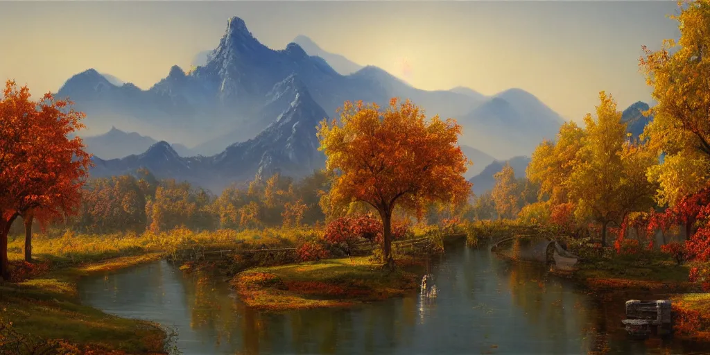 Prompt: painting of a FANTASY winery in BEIJING autumn, with a river winding through them. In the distance, there are mountains. by bob ross, Albert Bierstadt, oil on canvas, immaculate scale, hyper-realistic, trending on Artstation, 8k, detailed, atmospheric, immaculate
