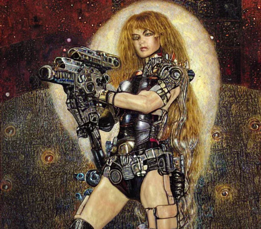 Image similar to cybernetic female supersoldier armed with laser rifle battling demon, intricate detail, klimt, royo, whealan,