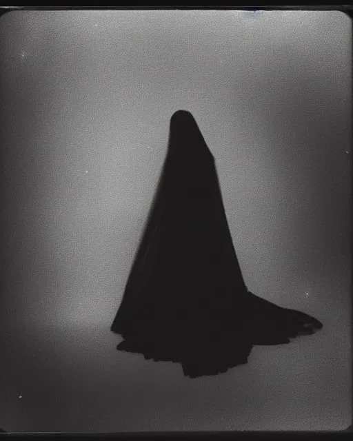 Image similar to photorealism, polaroid, black and white, female silhouette, black veil, noise, out of focus, long exposure