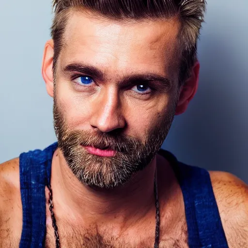 Image similar to close up of face of good looking 4 0 year old slavic blond man with blond stubble, very short wavy blond hair in a short pompadour style, very dark blue eyes, wearing a tank top, hairy shoulders, hairy chest, portrait, 4 k