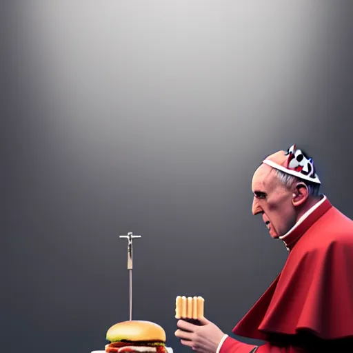 Prompt: Portrait of The Pope eating a big mac, anger, mystery, fear, highly detailed, ominous vibe, smoke, octane render, cgsociety, artstation, trending on ArtStation, by Marie Magny