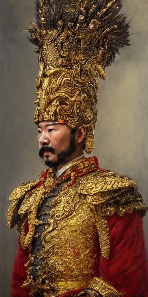 Prompt: a highly detailed romantic period style oil painting of the Chinese military general Lü Bu wearing an ornate golden headdress by Josep Tapiró Baró, trending on artstation, masterpiece, symmetry