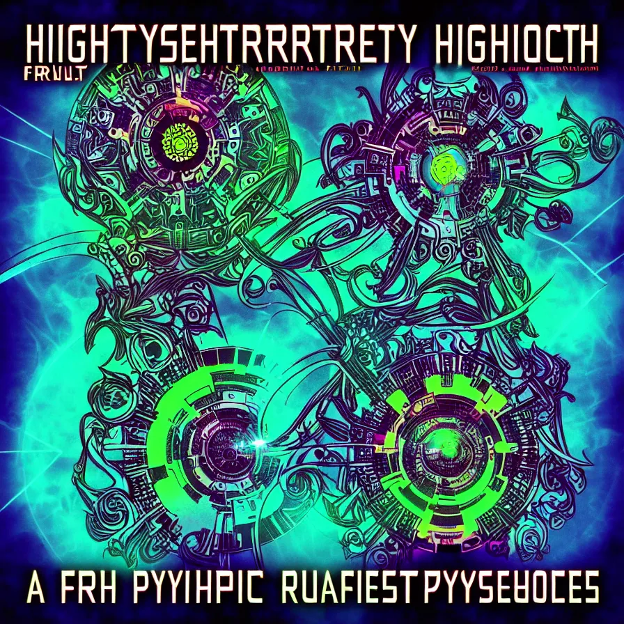 Image similar to a hightech psytrance album covervdesigned by rustypsyfly fir blackout records