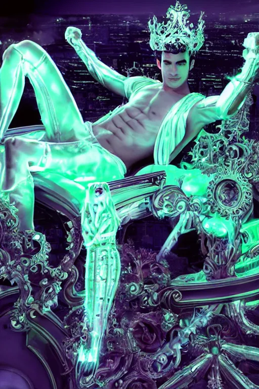 Image similar to full-body rococo and cyberpunk style neon statue of a young attractive Darren Criss macho dotado e rico android sim roupa reclining con las piernas abertas e la piroca dura, glowing white lasers, glowing eyes, silver prince crown, silver steampunk gears, white diamonds, swirling mint-colored silk fabric. futuristic elements. ethereal white dripping tar. full-length view. space robots. human skulls. large white balloon animals. intricate artwork by caravaggio. Trending on artstation, octane render, cinematic lighting from the right, hyper realism, octane render, 8k, depth of field, 3D