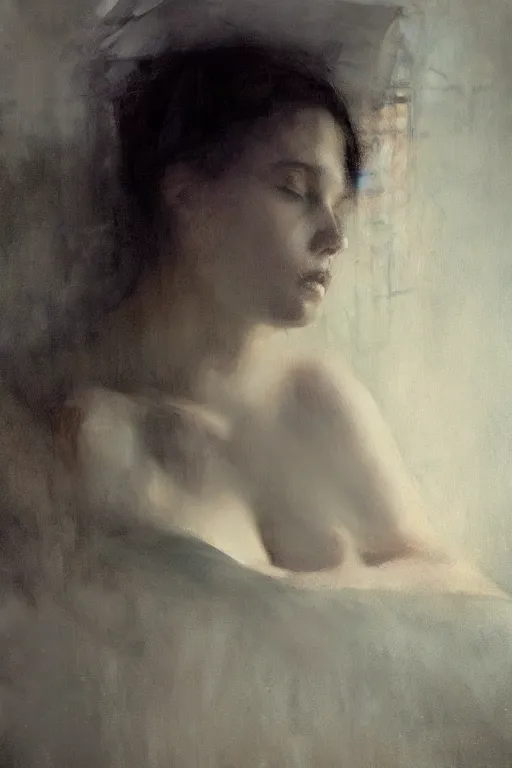 Prompt: detailed cinematic moody colors studio portrait of the memories of a sensual lady in bed, high quality by jeremy mann, only one head single portrait