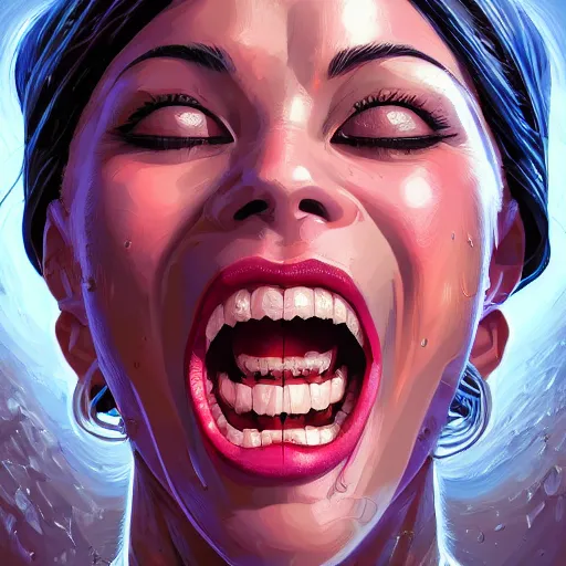 Prompt: wide open wife mouth, close - up, cry, cruelty, defiant, pin - up, full lips, symmetrical teeth, light effect, hyper detailed, intricate, elegant, highly detailed, digital painting, artstation, concept art, matte, sharp focus, illustration, by dan mumford, yusuke murata, makoto shinkai, ross tran