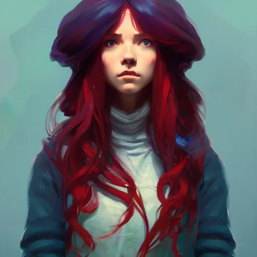 Prompt: madeline from celeste, blue bubble jacket red long hair, highly detailed, digital painting, artstation, concept art, sharp focus, illustration, art by greg rutkowski and alphonse mucha