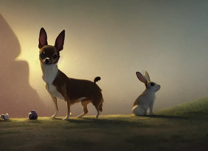 Image similar to a key shot of chihuahua looking at bunny animation at mid-day, medium shot, waist up, studio Ghibli, Pixar and Disney animation, sharp, key art by Greg Rutkowski, dramatic lighting, flat texture