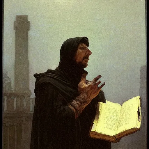 Image similar to half portait of magican wearing a closed cowl holding a big old book!, jeremy mann, jean leon gerome, alphonse mucha, greg rutkowski, hood covers his eyes, chains on his wrist, ( ( ruins of ancient rome ) ), at dusk, mysterious atmosphere, sunrays, dof, masterpiece, high detailed, 8 k