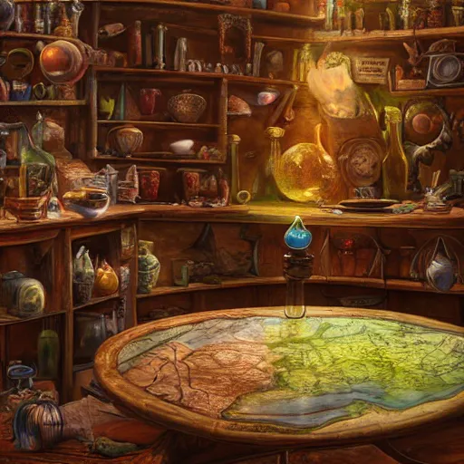 Prompt: hyper real, table, ancient map, wizards laboratory, tony sart, mortar, pestle, scales, energy flowing, magic book, beakers of colored liquid