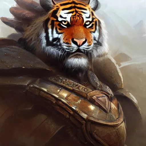 Image similar to a detailed portrait of a tiger with armor, by justin gerard and greg rutkowski, digital art, realistic painting, dnd, character design, trending on artstation