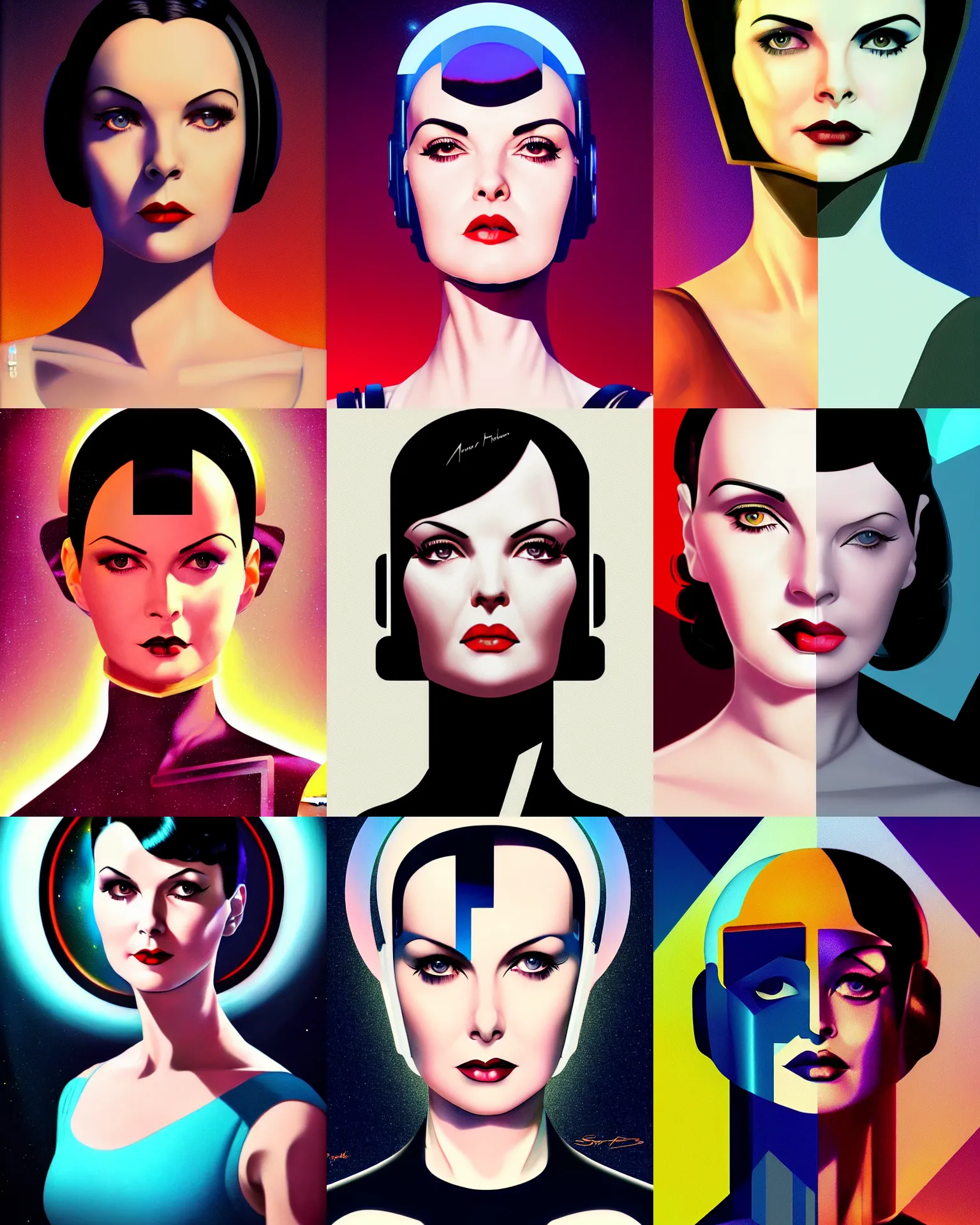 Prompt: android sherilyn fenn fused with mary louise brooks 2 2 years old space woman, half robot and half woman, retro futurism, solaris, half portrait by stanley artgerm, dramatic lighting, ilya kuvshinov, trending on artstation, flat colour, geometric curves, gradient filter, pleasing tone colours