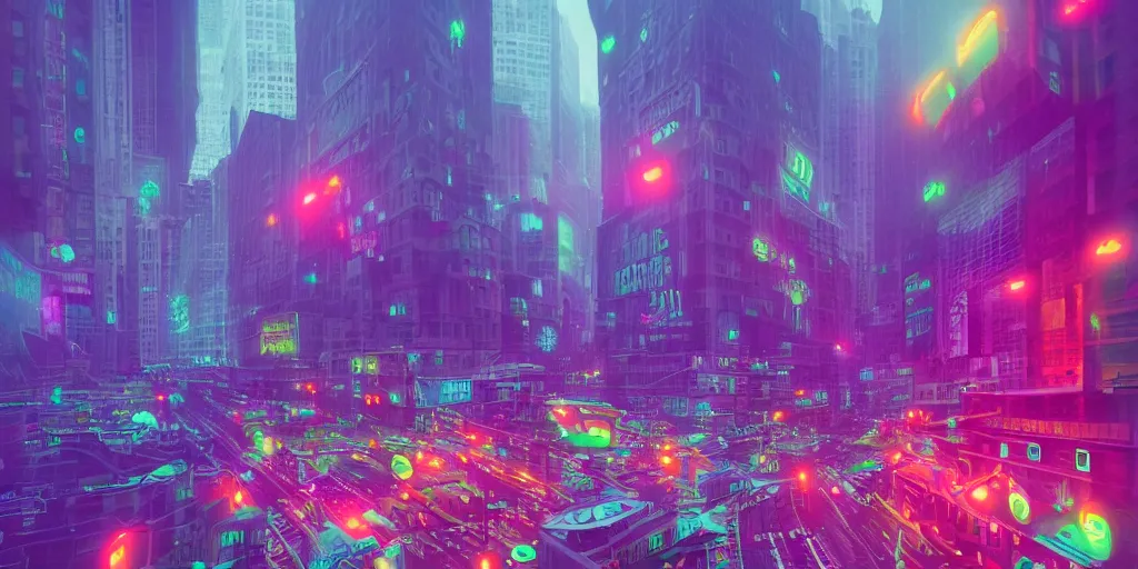 Prompt: giant snails invading new york city, neons, psychedelic, mist, artstation, by beeple