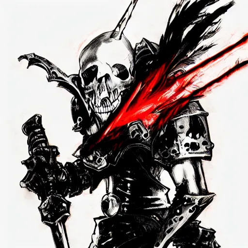 Image similar to skull wearing black knight armor creepy intimidating dragging red hot glowing sword by Yoji Shinkawa