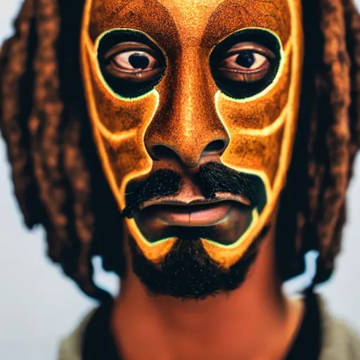 Image similar to dark brown African mask resembling snoop dogg, photography, realistic