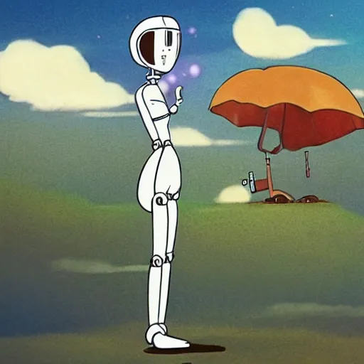 Image similar to A cute cartoon looking robot girl (or guy; your choice), standing and looking up at the sky. Illustration done in parody of works by Hayao Miyazaki.