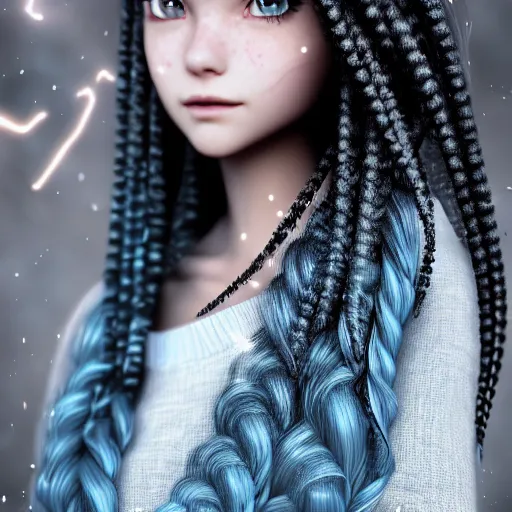 Prompt: closeup portrait of a very beautiful anime girl, macro, long braided curly silver hair, sky blue eyes, full round face, short smile, casual clothes, winter setting, cinematic lightning, medium shot, mid-shot, highly detailed, trending on Artstation, Unreal Engine 4k, cinematic wallpaper by Stanley Artgerm Lau, WLOP, Rossdraws, James Jean, Andrei Riabovitchev, Marc Simonetti, and Sakimichan