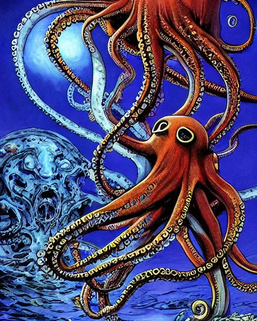 Image similar to a painting of an octopus attacking a giant squid, a fine art painting by gary freeman and by tim white and by philippe druillet, artstation, fantasy art, lovecraftian, bioluminescence, cosmic horror