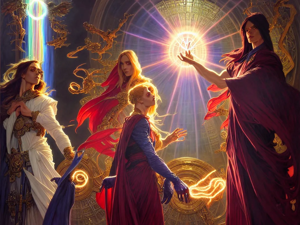 Image similar to painting of powerful stylish sorcerer and a cleric banishing the darkness and its abominations with a rainbow spell, ultra realistic, concept art, intricate details, eerie, highly detailed, photorealistic, octane render, 8 k, unreal engine. art by artgerm and greg rutkowski and magali villeneuve and alphonse mucha