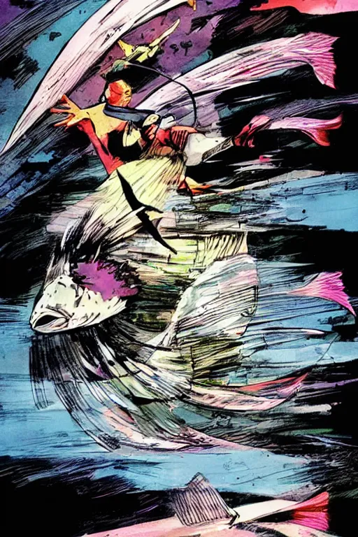 Prompt: fish flying through the sky, graphic novel, high contrast, by bill sienkiewicz