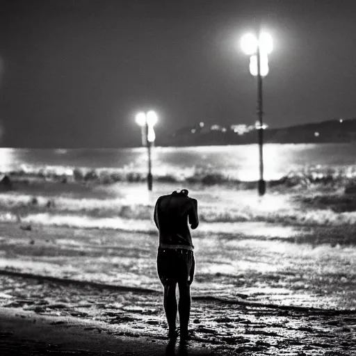 Image similar to guy crying on the beach of vernazzola genova alone. rain. dark. night. broken heart.