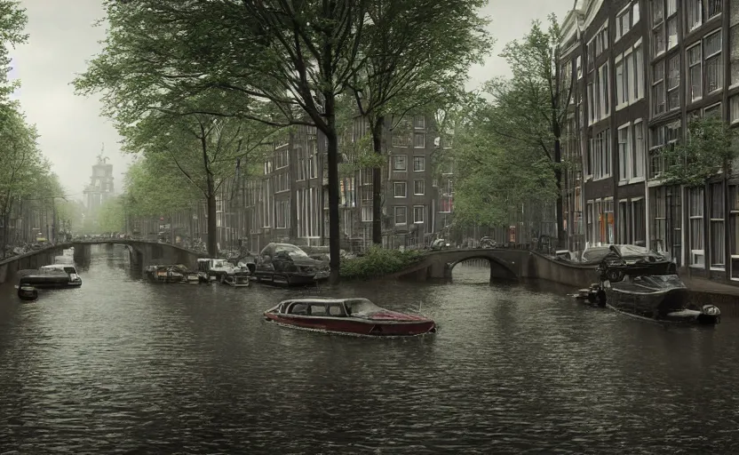 Image similar to amsterdam reclaimed by nature, a photorealistic painting by gregory crewdson, cgsociety, playstation 5 screenshot, matte painting, cryengine